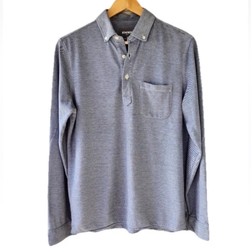 Bonobos Mens Pima Cotton Blue Gray Long Sleeve Popover Collared Medium Slim Fit